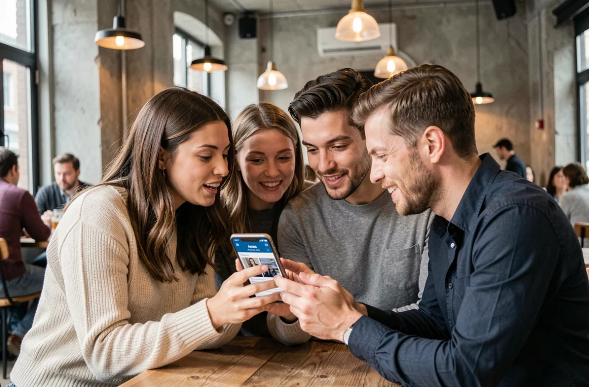 Groupe de collègues partageant et discutant des dernières tendances et actualités sur un smartphone dans un café urbain