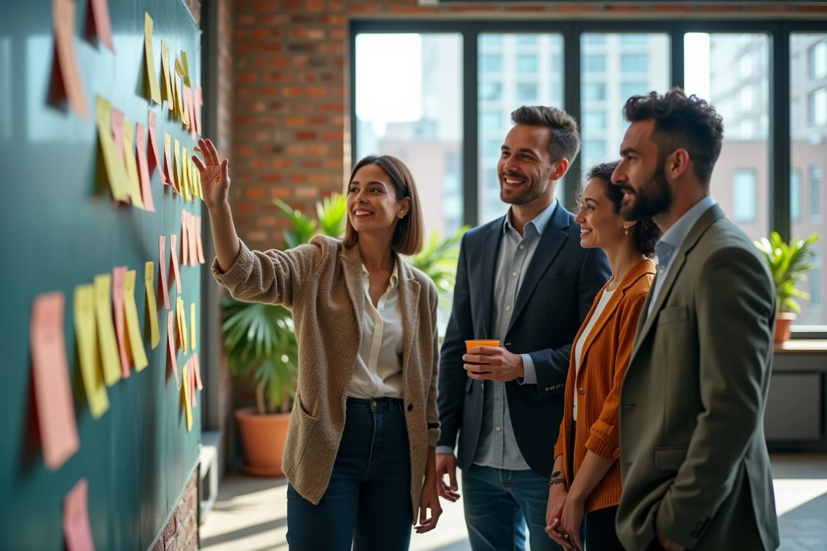 Groupe de professionnels discutant autour d un tableau blanc en open space