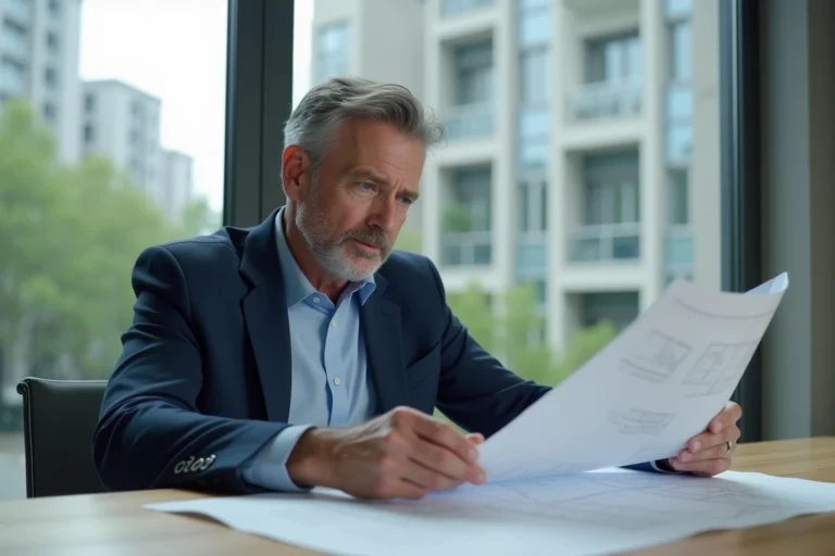 Homme confiant en blazer bleu examine des plans architecturaux