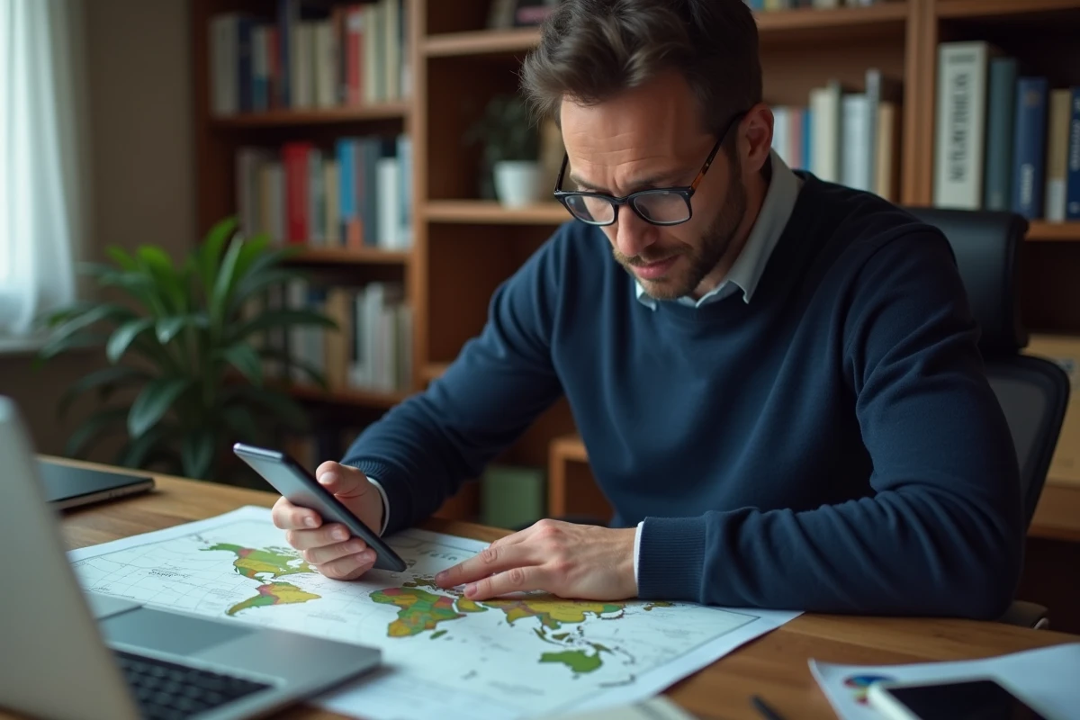 Homme consultant une carte du monde pour identifier l'origine d'un indicatif téléphonique