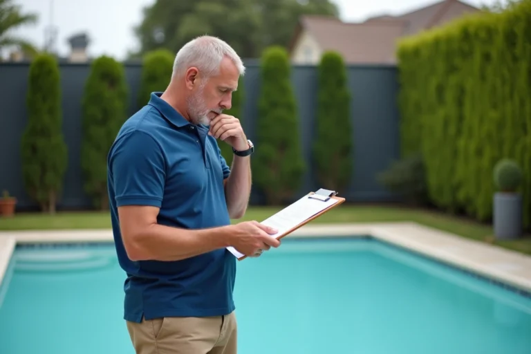 Homme d'âge moyen près de la piscine avec documents