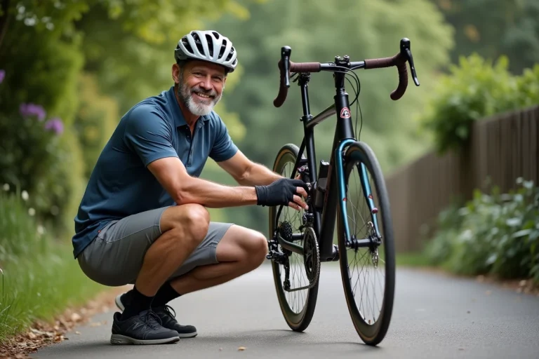 Homme d'âge moyen ajuste la chaîne de son vélo en extérieur