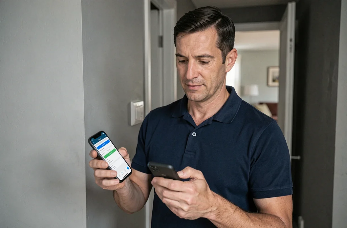 Homme consultant son téléphone pour diagnostiquer une prise CPL avec voyant rouge en main