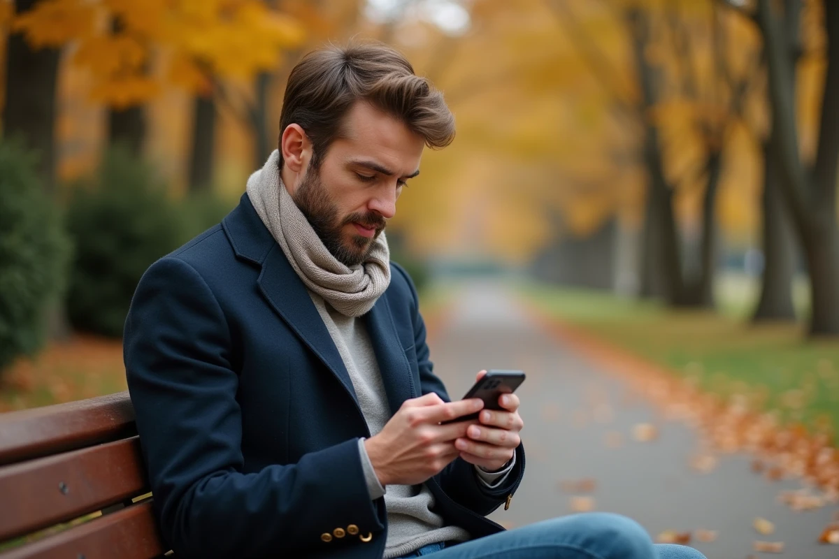 Homme rédigeant un message affectueux sur son téléphone dans un parc en automne