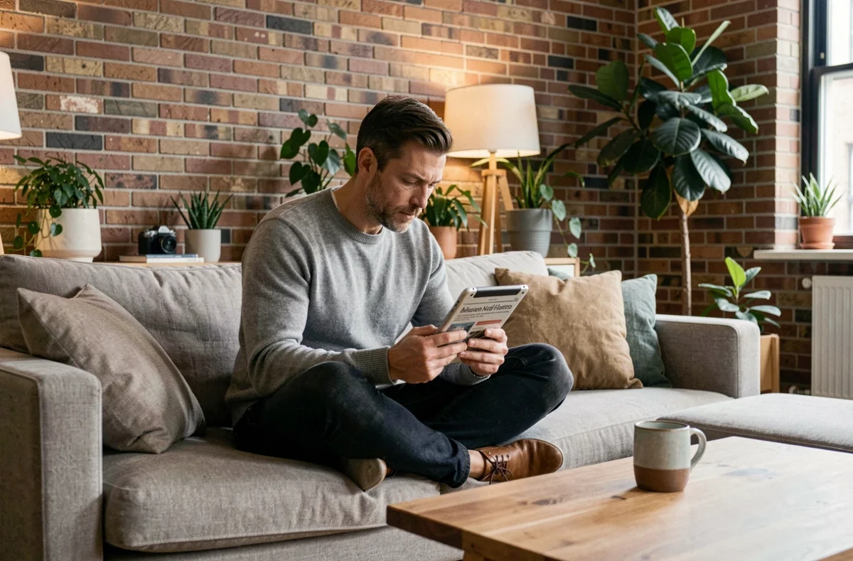 Homme lisant les dernières actualités et nouveautés sur une tablette dans un salon contemporain