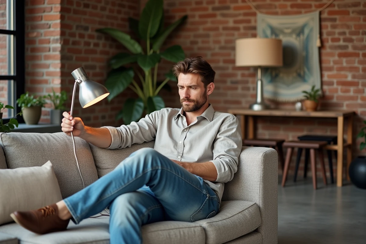 Homme détendu examinant une lampe en métal dans un loft créatif