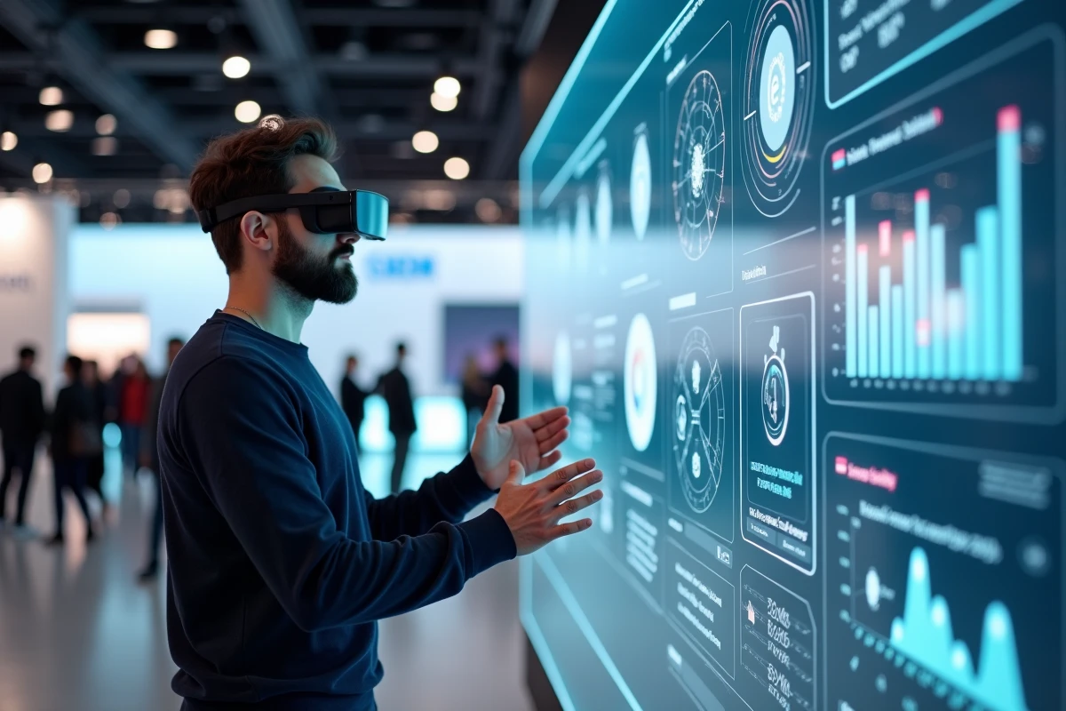 Homme testant des lunettes de réalité augmentée devant un écran interactif lors d'un salon high-tech 2024