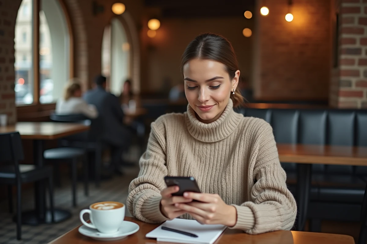 Jeune professionnelle consultant sa fiche de paie sur smartphone dans un café avec interface application RH visible