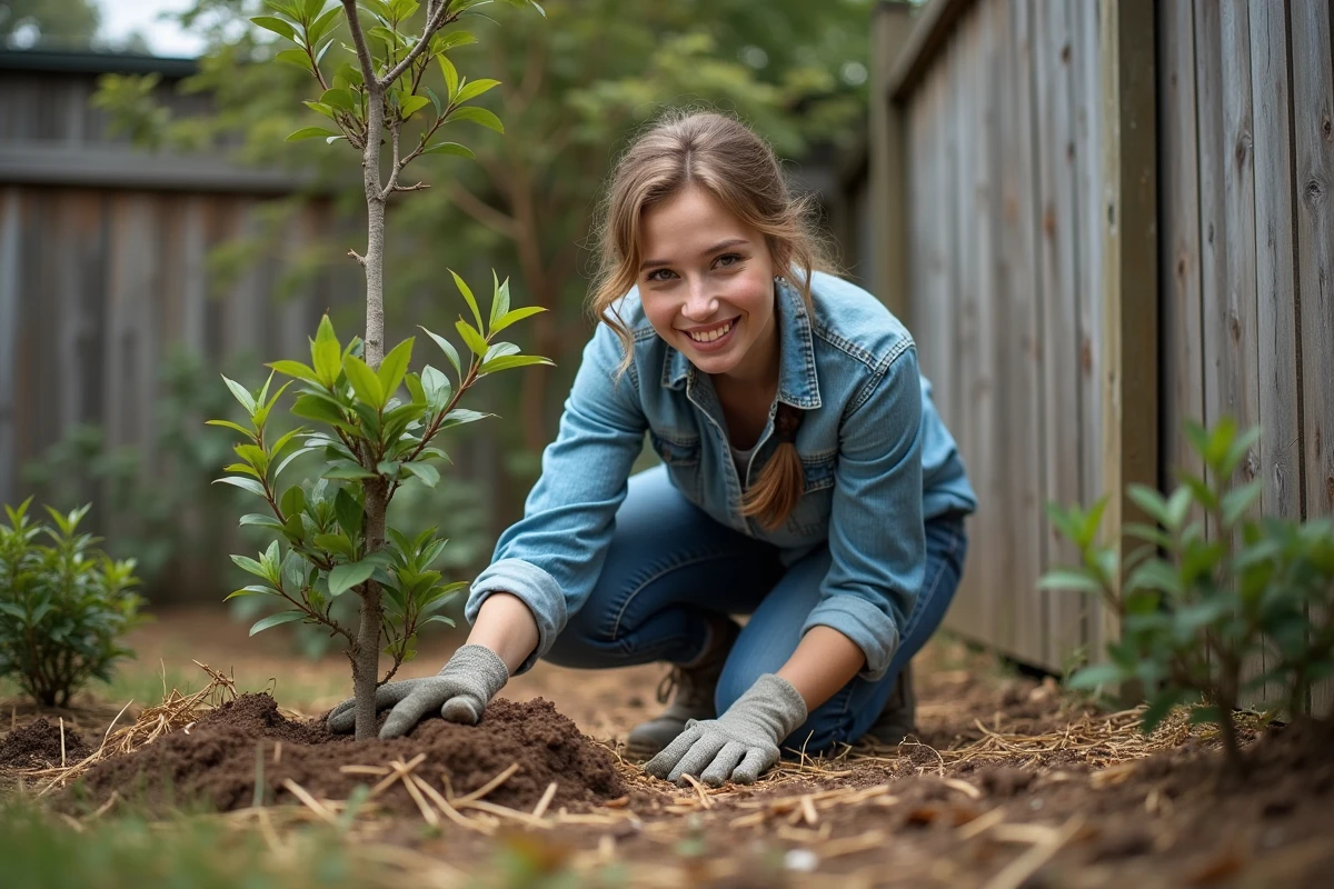 Jeune femme plantant un Rhus viminalis dans le jardin