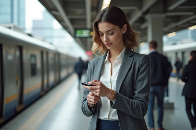 Jeune femme professionnelle vérifiant sa montre connectée en ville