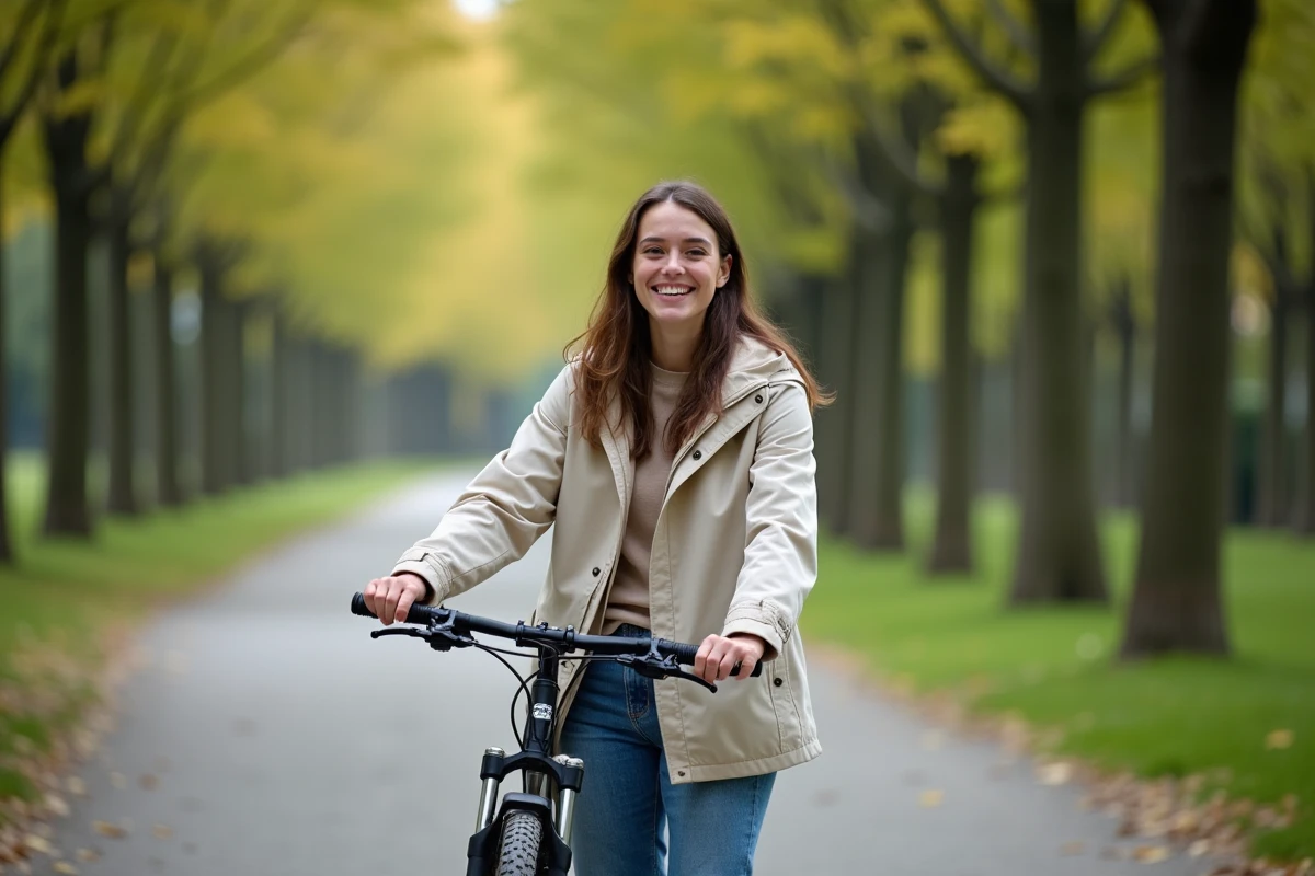 Jeune femme souriante montre les features de son vélo dans un parc