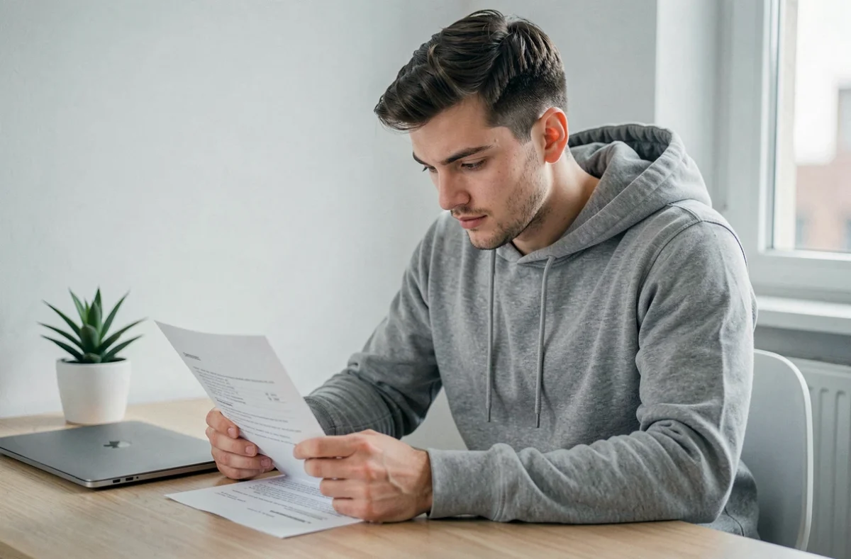 Un jeune homme lit attentivement un contrat de prêt personnel à son bureau à domicile