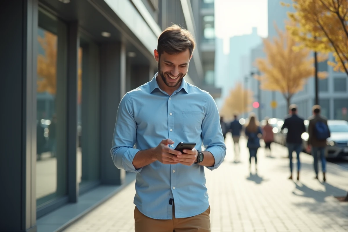 Jeune homme dehors vérifiant ses emails sur smartphone