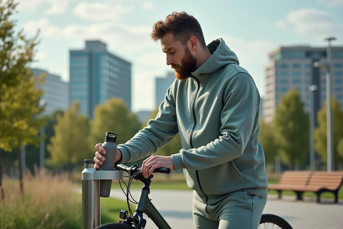 Jeune homme avec vélo dans parc urbain écologique