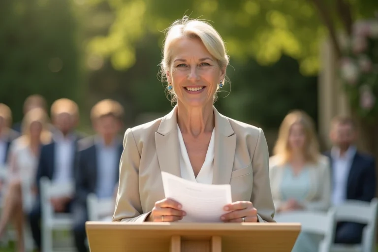 Maman émue donnant son discours lors d'une cérémonie laïque en plein air