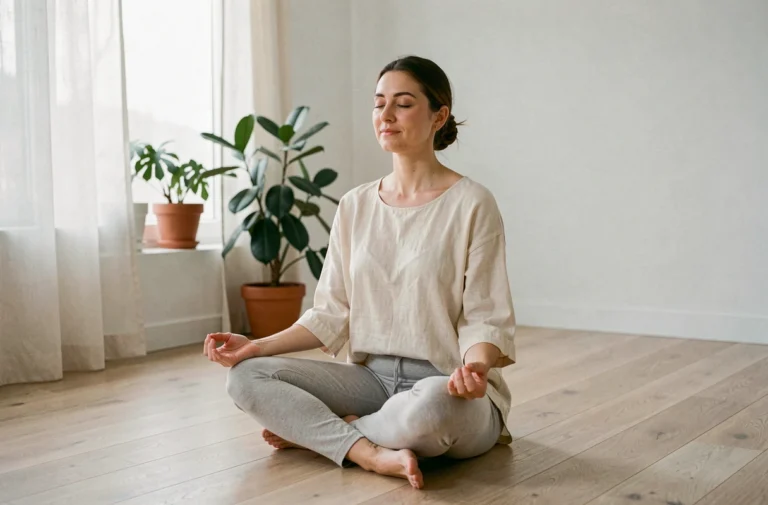Femme pratiquant la méditation en position assise sur un plancher en bois dans un salon minimaliste et apaisant