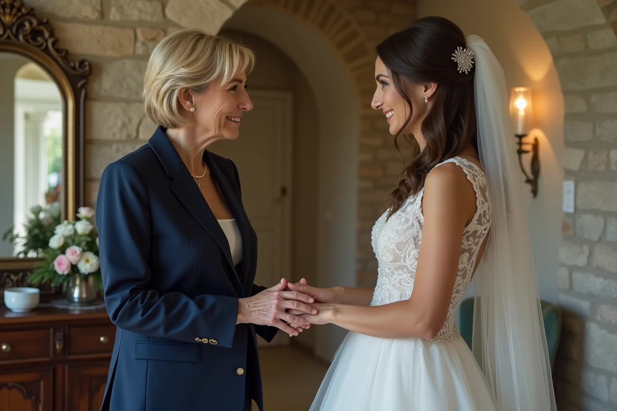 Mère et fille partageant un moment émouvant avant le discours de la cérémonie laïque