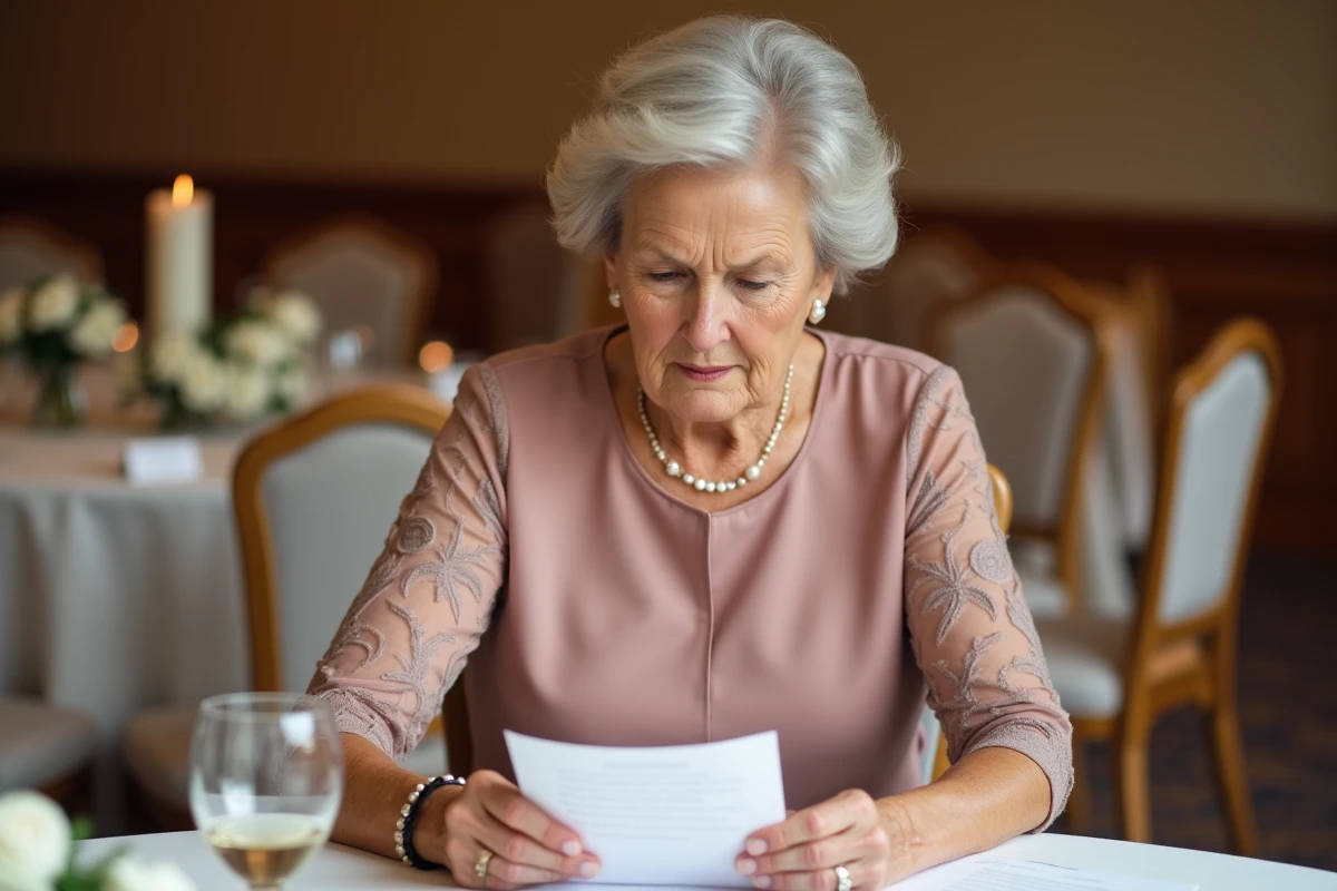Mère de la mariée relisant ses notes de discours avant la cérémonie laïque