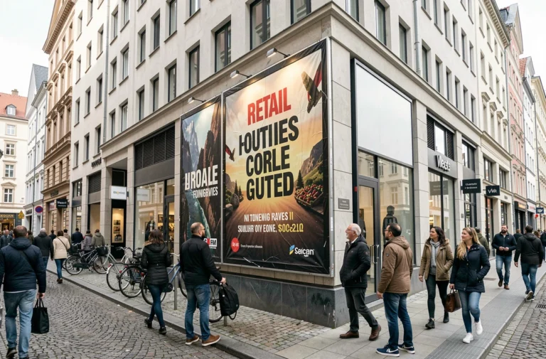 Grand panneau publicitaire urbain affiché sur une façade de bâtiment moderne dans une rue commerçante animée