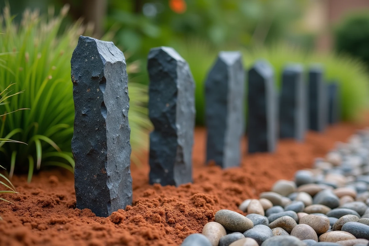 Piquets de schiste taillés plantés dans la terre d'un jardin, montrant les tranches naturelles de la roche