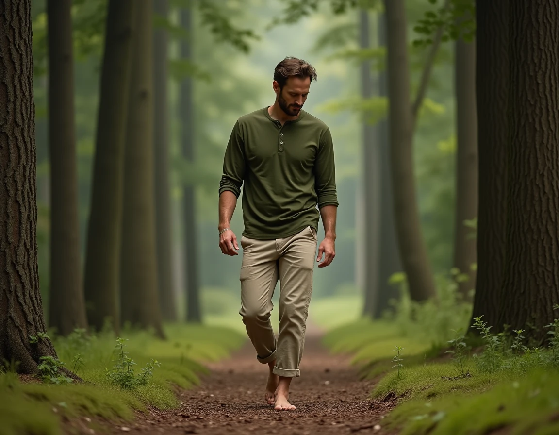 Homme se promenant pieds nus sur un sentier forestier pour se ressourcer et améliorer son bien-être naturellement