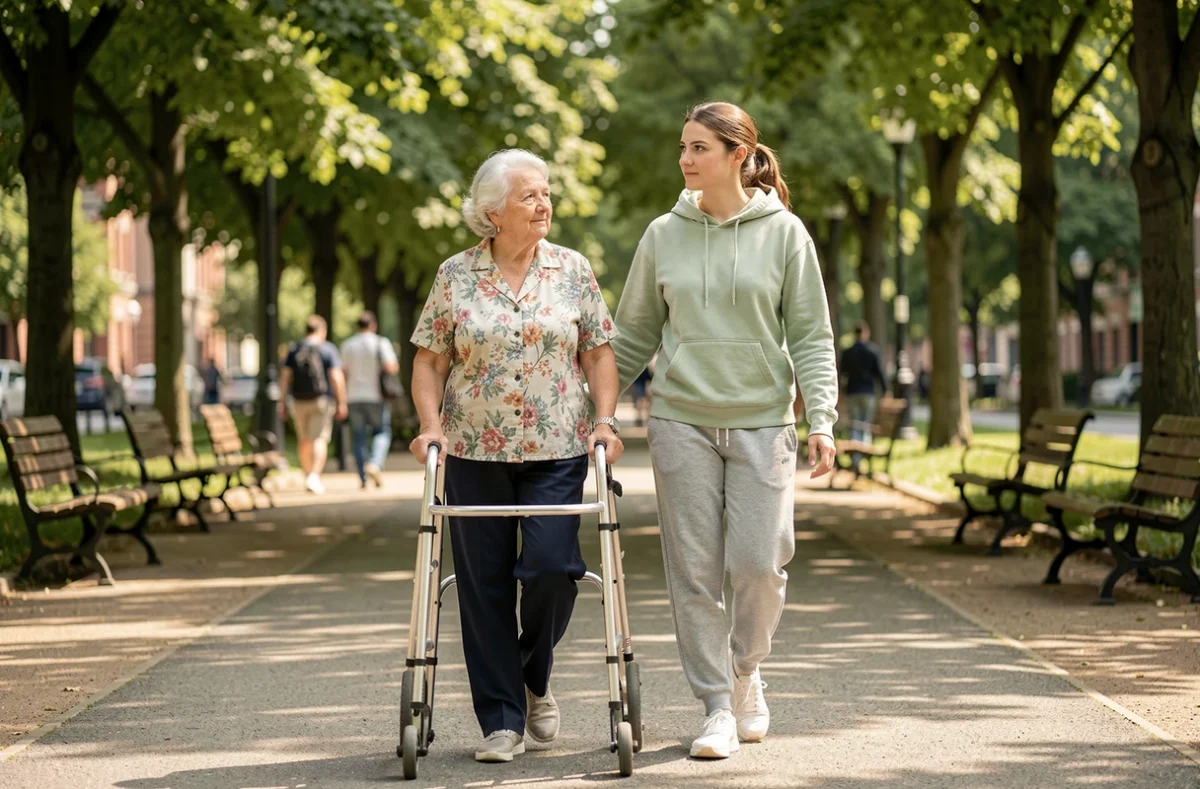 Une aide-soignante accompagne une dame âgée en promenade dans un parc urbain verdoyant