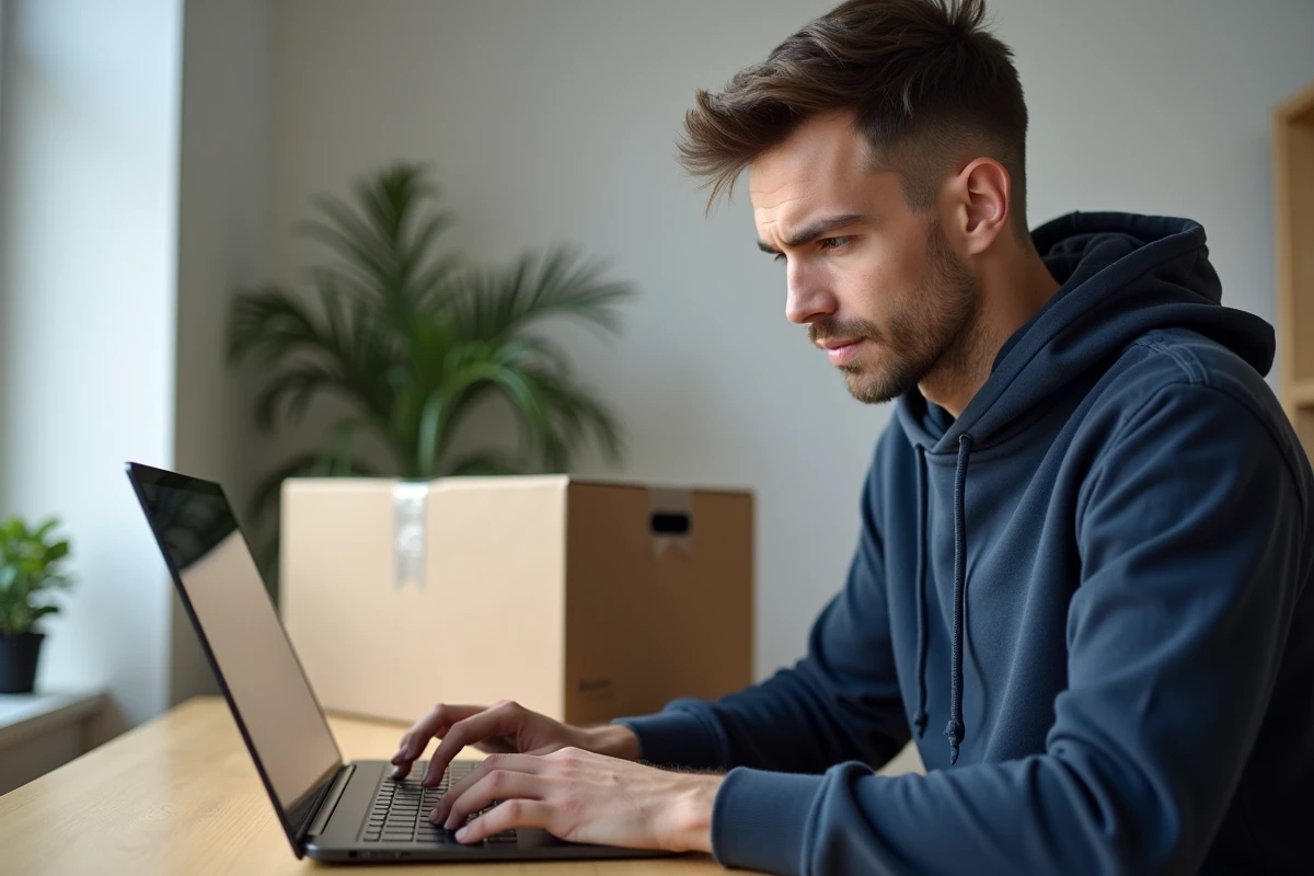 Homme effectuant une demande de remboursement Zalando sur ordinateur portable avec colis fermé sur le bureau