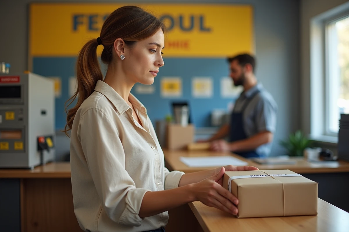 Femme déposant un colis de retour Zalando en bureau de poste pour obtenir un remboursement
