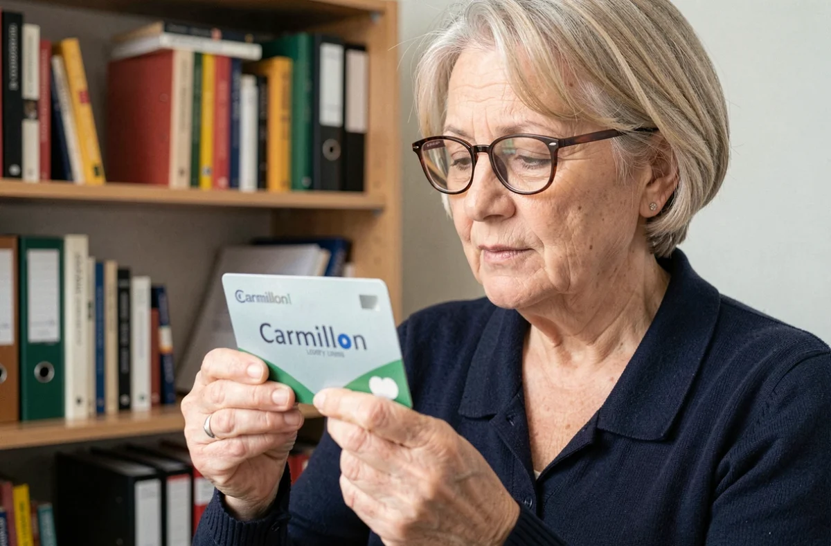 Femme retraitée SNCF tenant sa carte Carmillon dans un bureau à domicile, démarches administratives après la retraite