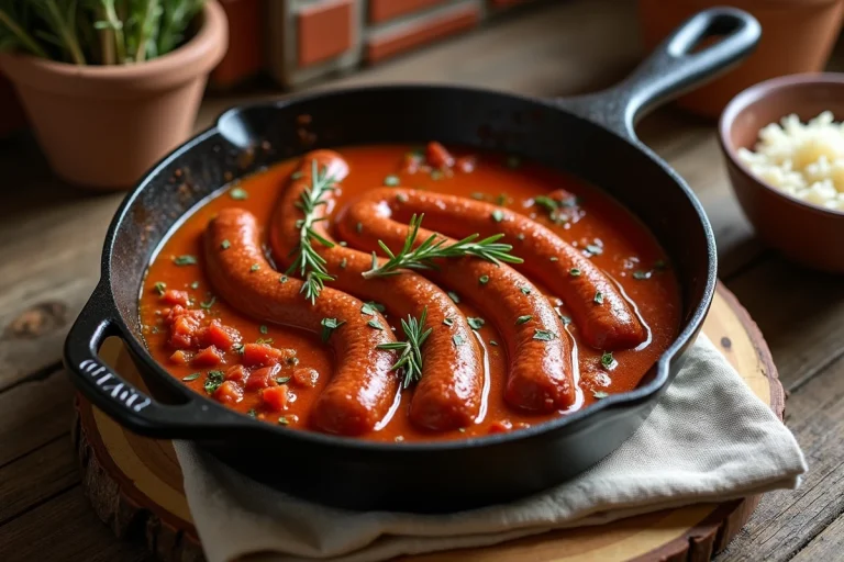 Poêle en fonte de rougail saucisse de Toulouse avec sauce tomate épicée et riz, ambiance cuisine créole réunionnaise