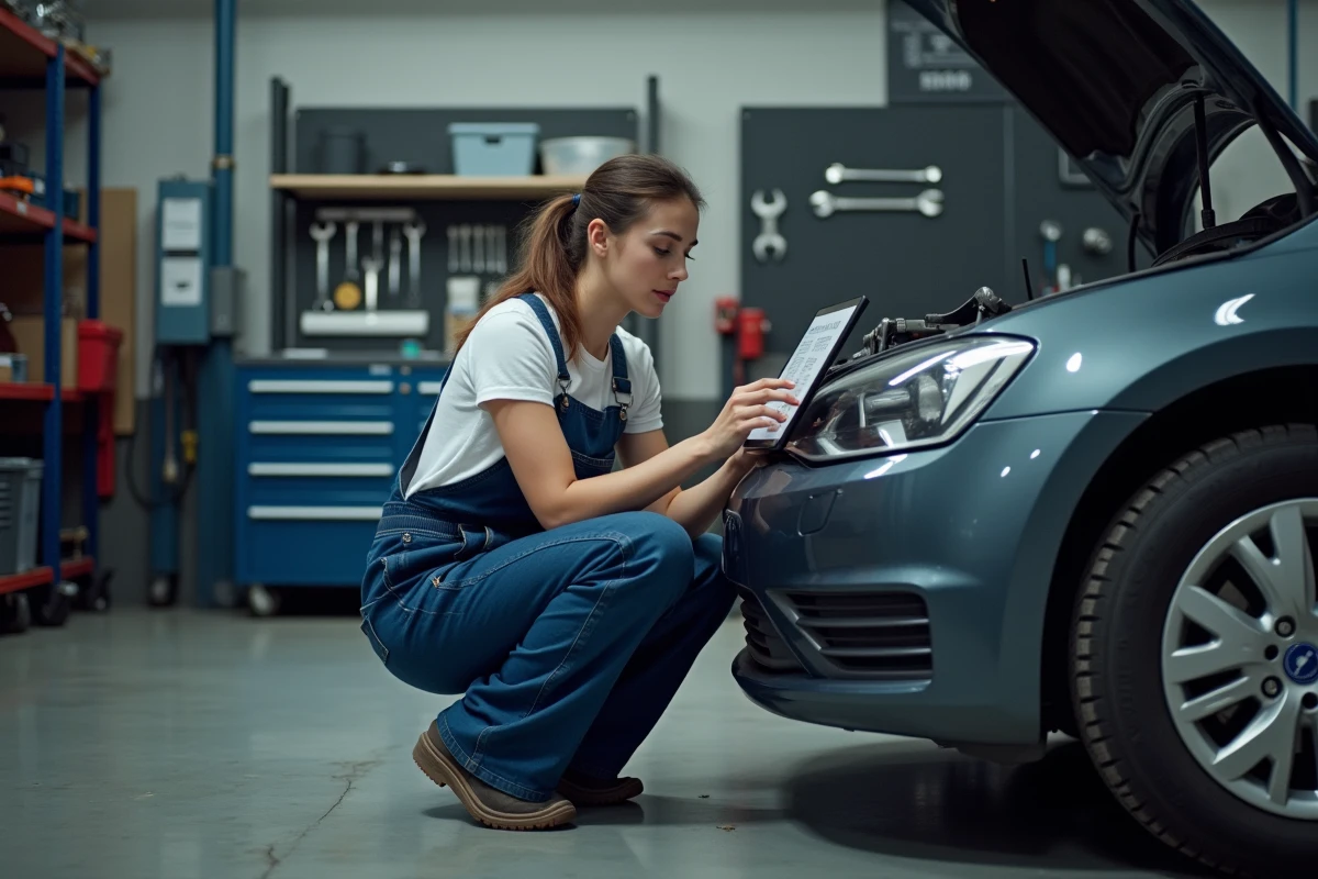 Mécanicienne consultant une RTA automobile en PDF sur tablette dans un garage professionnel
