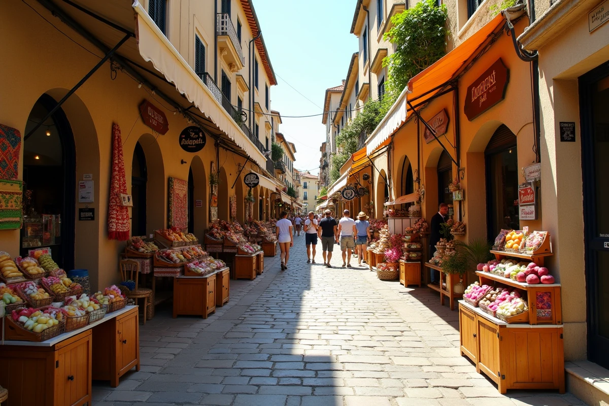 Rue commerçante pittoresque d'un village sarde avec boutiques locales, textiles colorés et spécialités régionales exposés sur les trottoirs