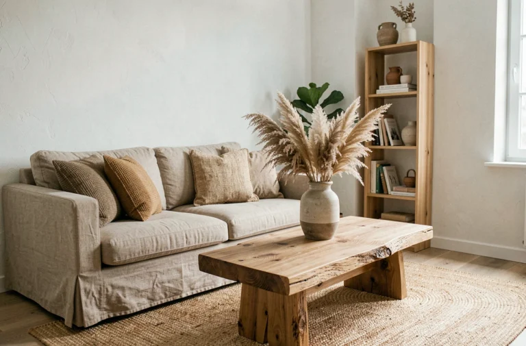 Salon scandinave avec canapé en lin, table basse en chêne brut et plante verte pour une décoration intérieure inspirée d'Aline Archimbaud