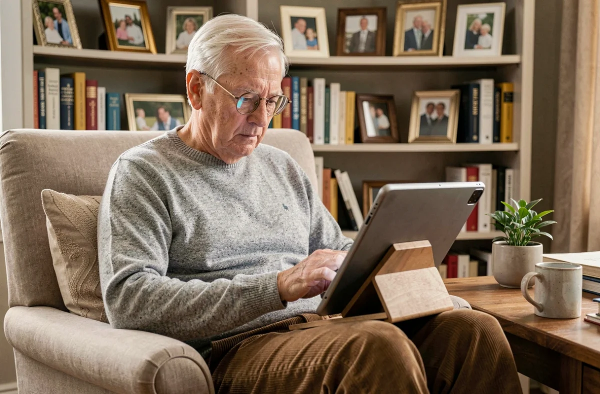Un homme senior utilise une tablette numérique pour accéder à des ressources d'aide et de conseil à domicile
