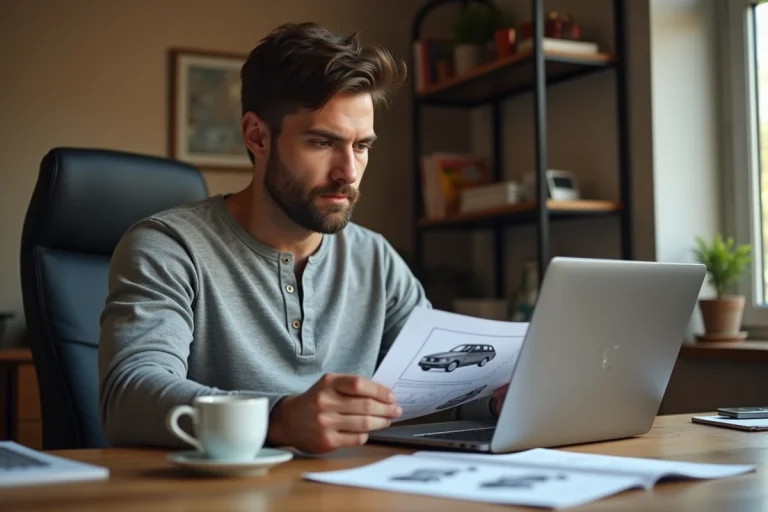 Homme téléchargeant une revue technique automobile en PDF sur un ordinateur portable dans un bureau à domicile