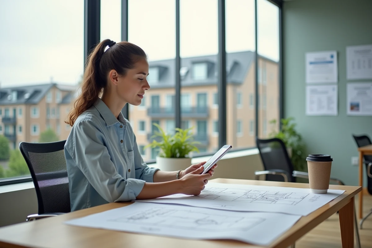 Jeune urbaniste étudiant des plans numériques dans un bureau lumineux