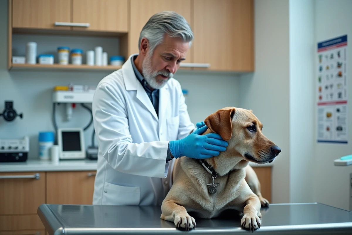 Vétérinaire examinant un vieux labrador en clinique, représentant le suivi médical d'un chien âgé couvert par une assurance adaptée