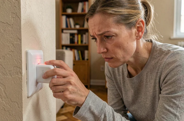 Femme examinant un voyant rouge sur une prise CPL dans un appartement moderne
